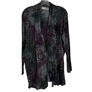 Chicos Open Front Cardigan Size 2  Med Purple Gray‎ Floral Print  Duster (3051)